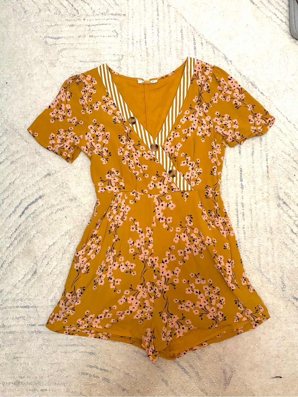 Miami Mustard Yellow Floral V-Neck One-Piece Romper Dress Jumpsuit